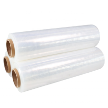 Échantillon gratuit palette rétractable ldpe film étirable poignée rouleaux ldpe transparent pe film d&#39;emballage pour machine étirable 1500 pieds calibre 80